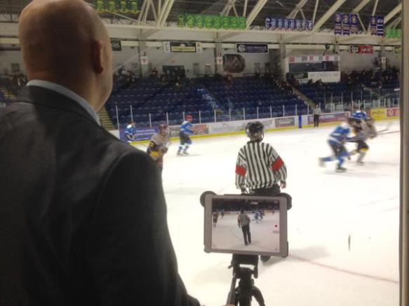 BC Hockey Referee-in-Chief Sean Raphael using Coach's Eye at the 2014 RBC Cup in Vernon, BC. 